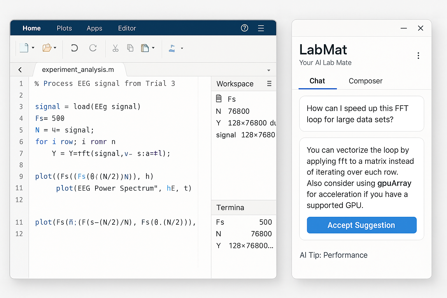 LabMat AI assistant integrated with MATLAB showing code optimization suggestions
